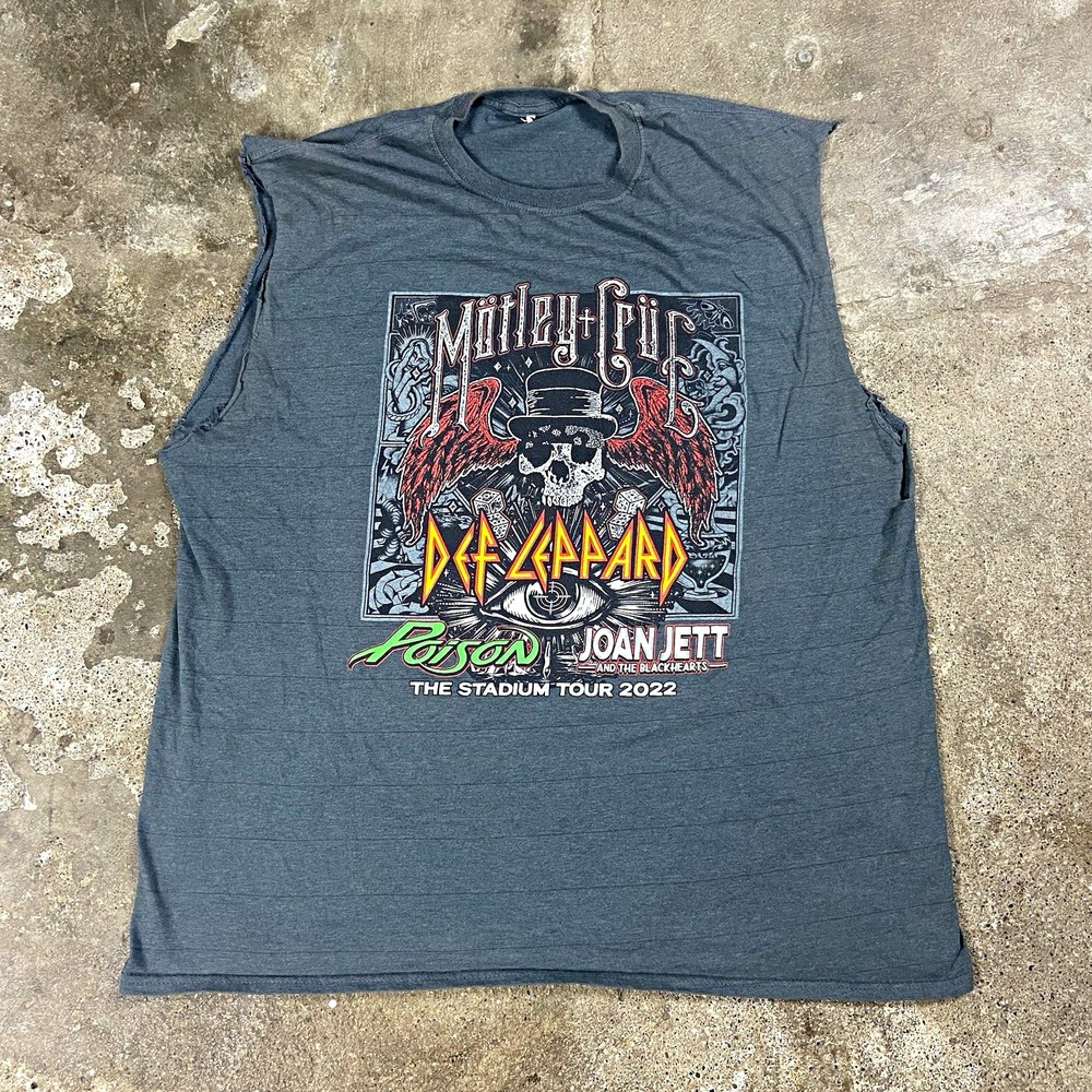 Motley Crue Def Leppard Stadium Tour Cutoff Tank Top Size XXL Gray Striped Rock